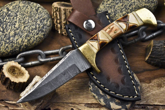 Custom Twist Damascus Skinner Knife with Bone Handle and Brass Guard – Handmade Tactical Knife with Sheath