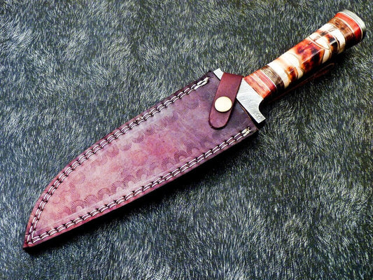 13" Custom Damascus Steel Bowie Knife | Engraved Camel Bone & Hardwood Handle