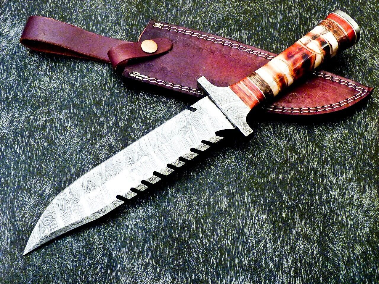 13" Custom Damascus Steel Bowie Knife | Engraved Camel Bone & Hardwood Handle