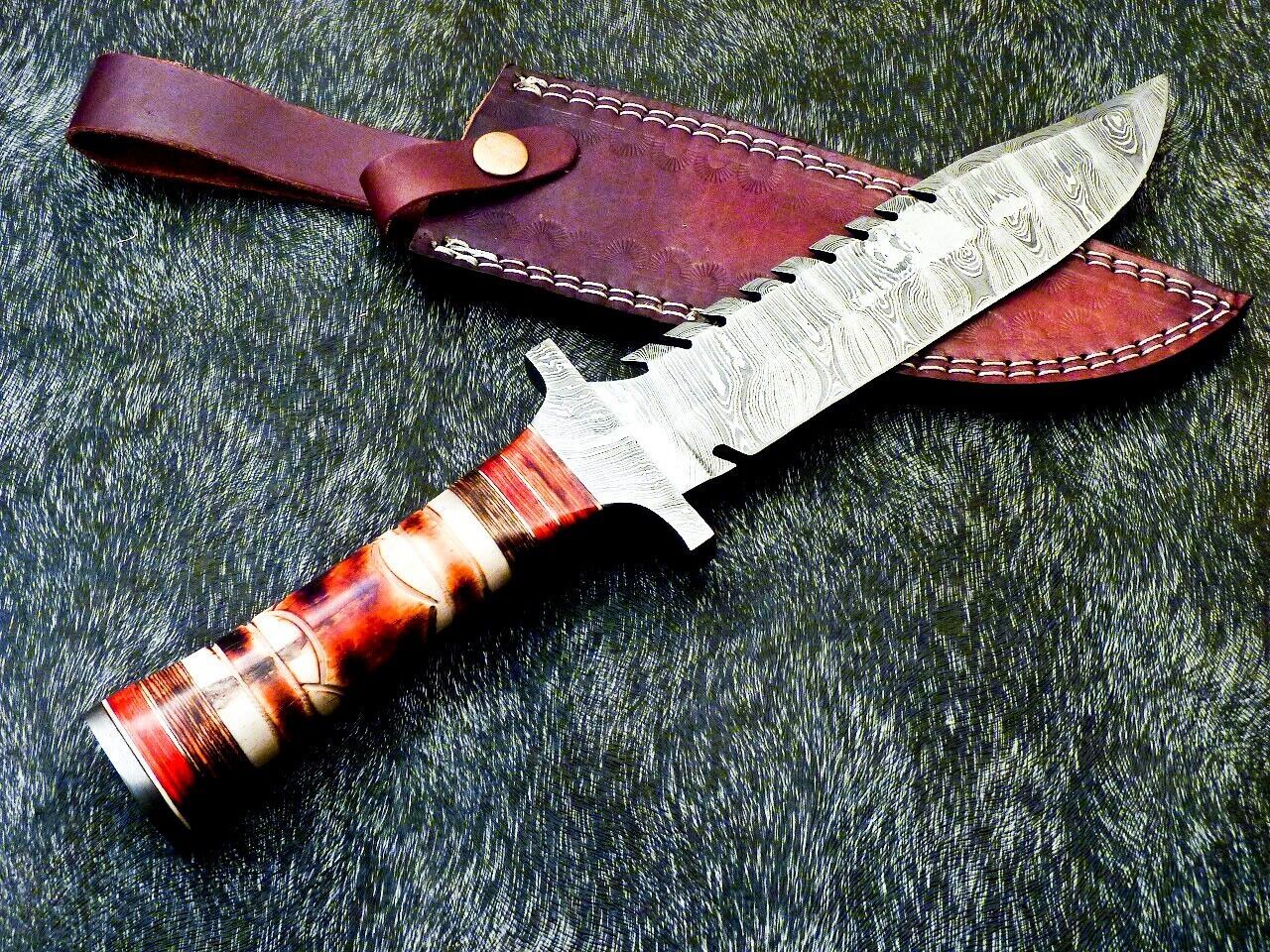 13" Custom Damascus Steel Bowie Knife | Engraved Camel Bone & Hardwood Handle