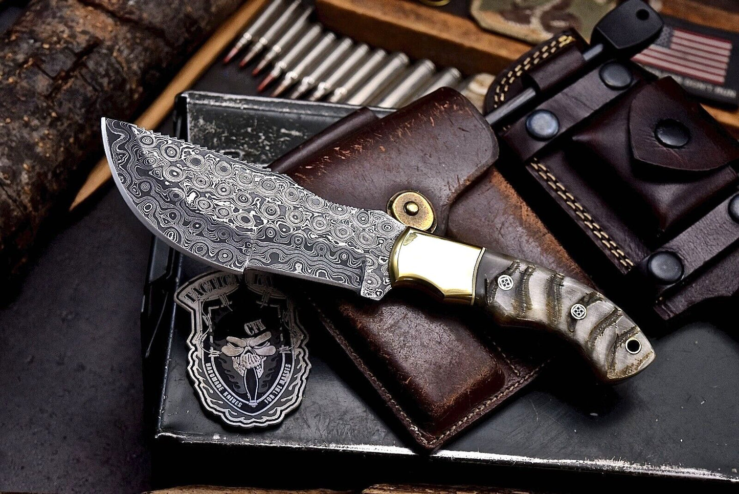 Handmade Damascus Tracker Knife – Sheep Horn Handle Hunting Chopper with Fire Starter, Whetstone & Leather Sheath
