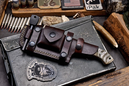 Handmade Damascus Tracker Knife – Sheep Horn Handle Hunting Chopper with Fire Starter, Whetstone & Leather Sheath