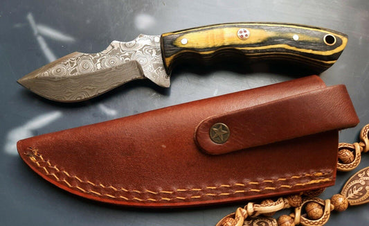 7" Hand-Forged Damascus Bowie Hunting Knife – Wood Handle with Leather Sheath