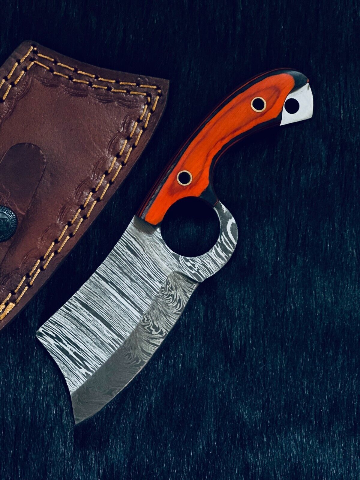 7" Fire Damascus Cleaver Bowie Knife – Wood Handle