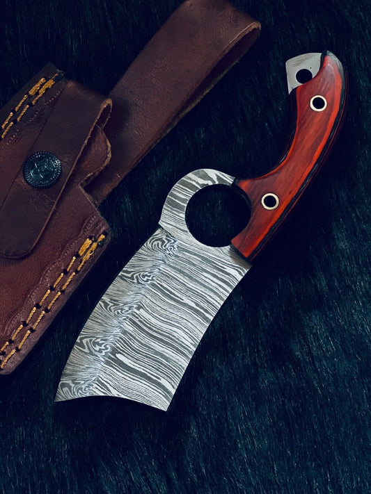 7" Fire Damascus Cleaver Bowie Knife – Wood Handle