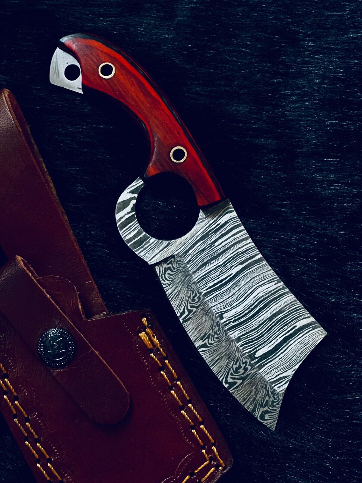 7" Fire Damascus Cleaver Bowie Knife – Wood Handle