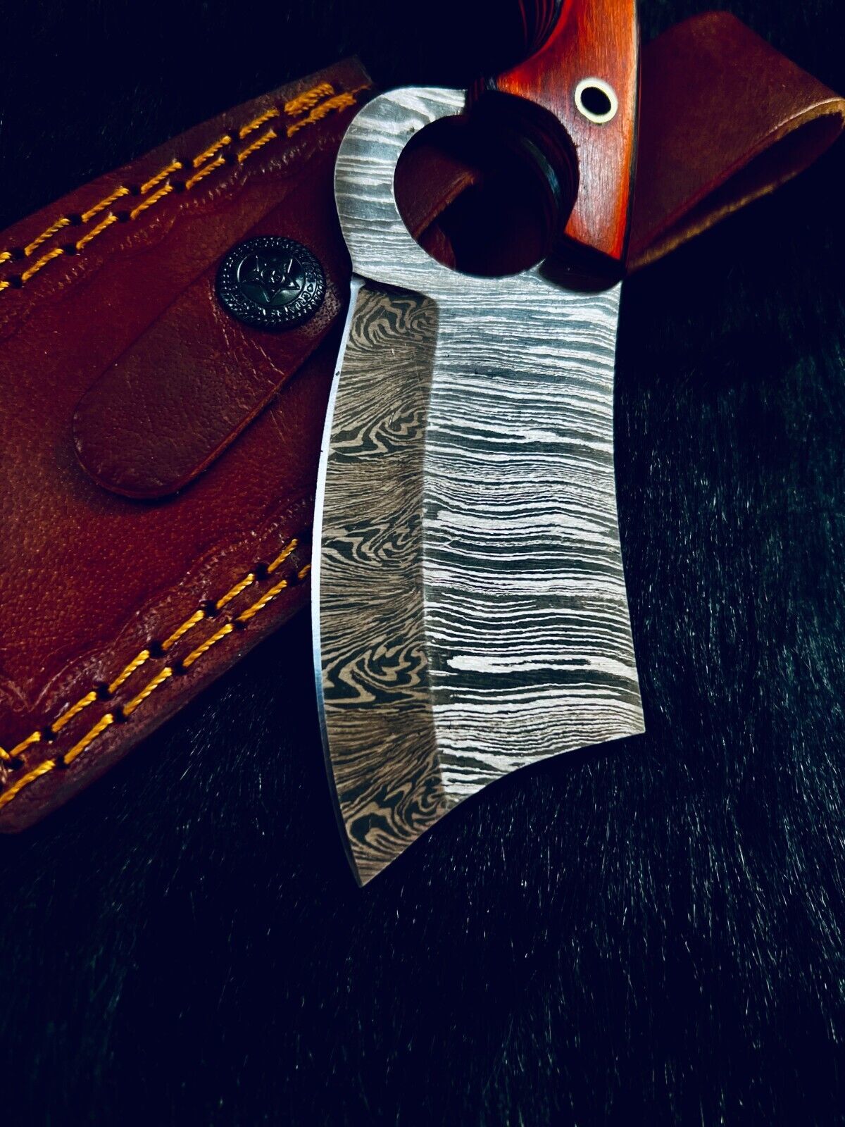 7" Fire Damascus Cleaver Bowie Knife – Wood Handle