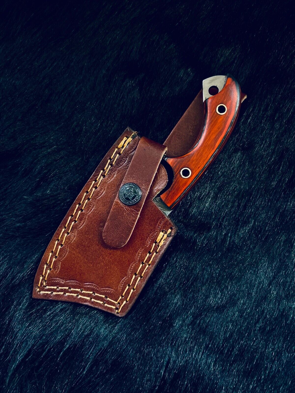7" Fire Damascus Cleaver Bowie Knife – Wood Handle