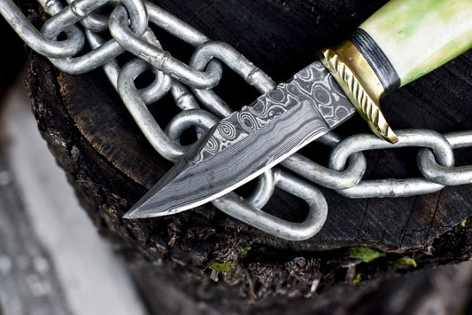 Rain Drop Damascus Steel Skinner Knife – Bone Handle with Brass Guard & Leather Sheath