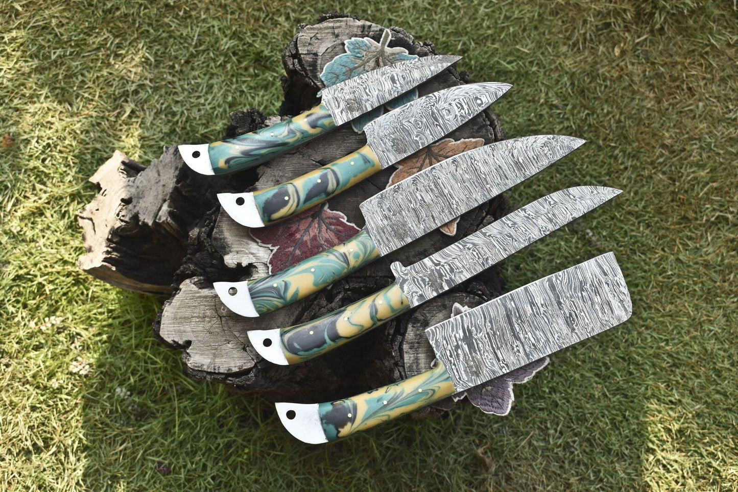 Custom Hand Forged Chef Knife Set Twist Damascus Steel with Micarta Handles – Lot of 5 Fishing & Kitchen Knives