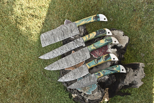 Custom Hand Forged Chef Knife Set Twist Damascus Steel with Micarta Handles – Lot of 5 Fishing & Kitchen Knives