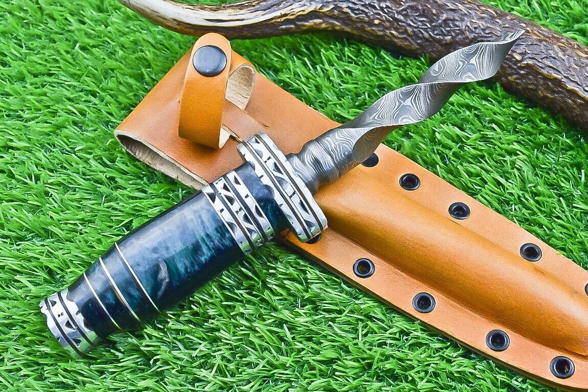 10 Inch Damascus Kris Dagger Bowie Knife with Resin Handle for Hunting and Camping