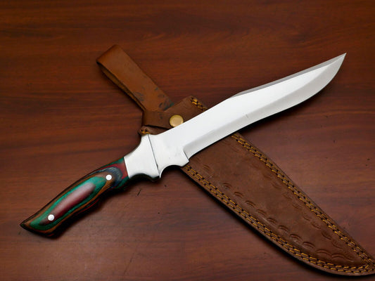 Custom 12-Inch Handmade D2 Steel Bowie Hunting Knife with Pakka Wood Handle