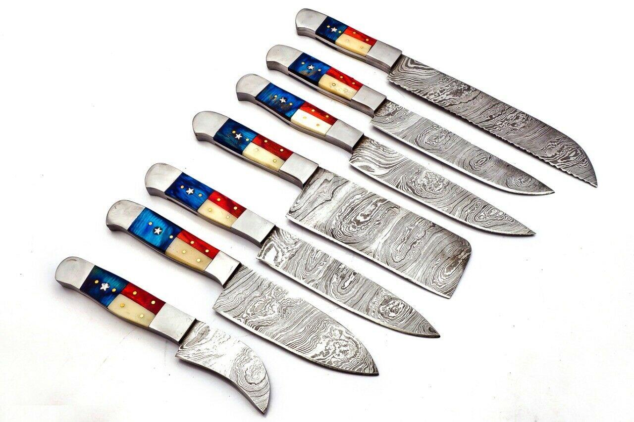 Custom Damascus Steel Chef Knife Set – Full Tang Texas Flag Knives with Leather Sheath