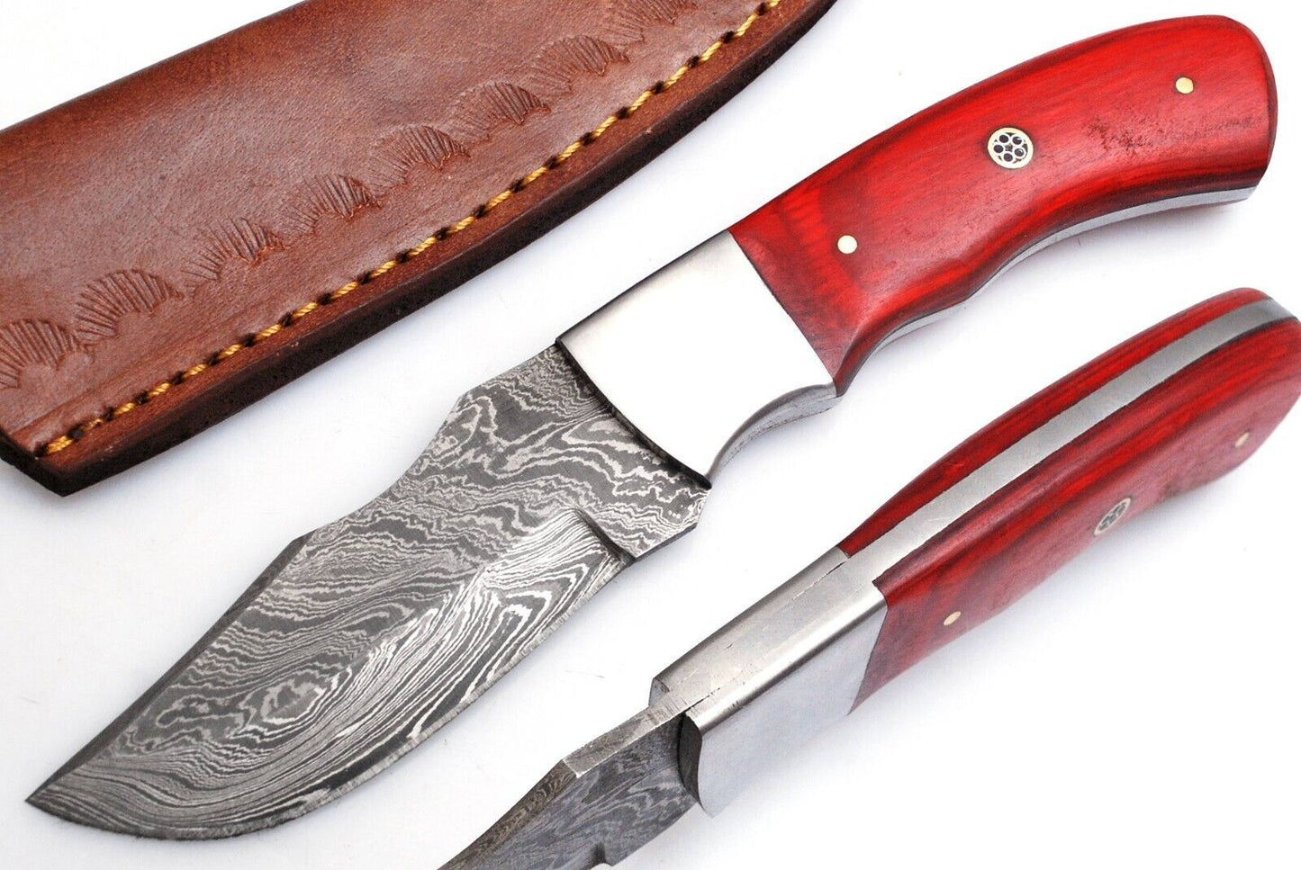 Damascus Skinner Knife – 8" Handmade Fixed Blade with Wood Handle & Leather Sheath