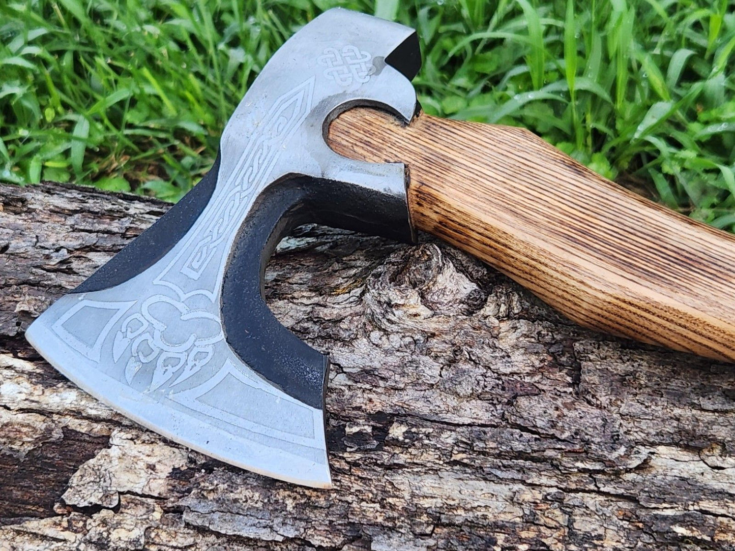 Handmade Carbon Steel Viking Axe with Wooden Handle and Leather Sheath