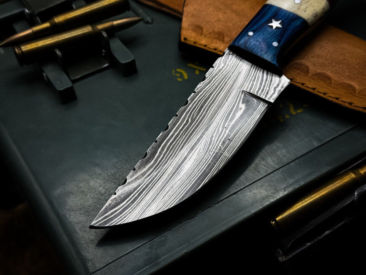 Heritage Forge Handmade Damascus Steel Hunting Knife with Wood Handle and Leather Sheath – Full Tang Clip Point Blade