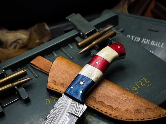 Heritage Forge Handmade Damascus Steel Hunting Knife with Wood Handle and Leather Sheath – Full Tang Clip Point Blade