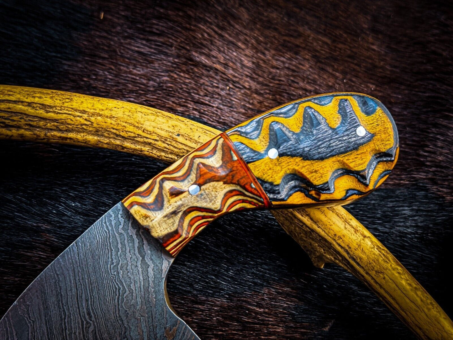 Custom Damascus Steel Skinner Hunting Knife with Wood Handle – 9 Inch Fixed Blade