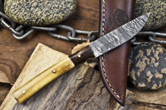 Twist Damascus Skinner Knife with Bone Handle and Micarta Bolster – Hand Forged Fishing and Hunting Blade