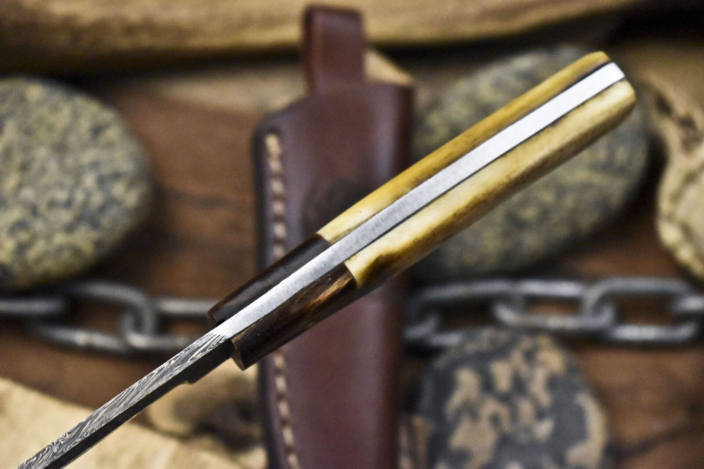 Twist Damascus Skinner Knife with Bone Handle and Micarta Bolster – Hand Forged Fishing and Hunting Blade