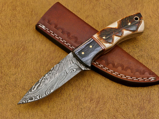 8" Damascus Fixed Blade Bowie Knife – Camel Bone & Pakka Wood Handle