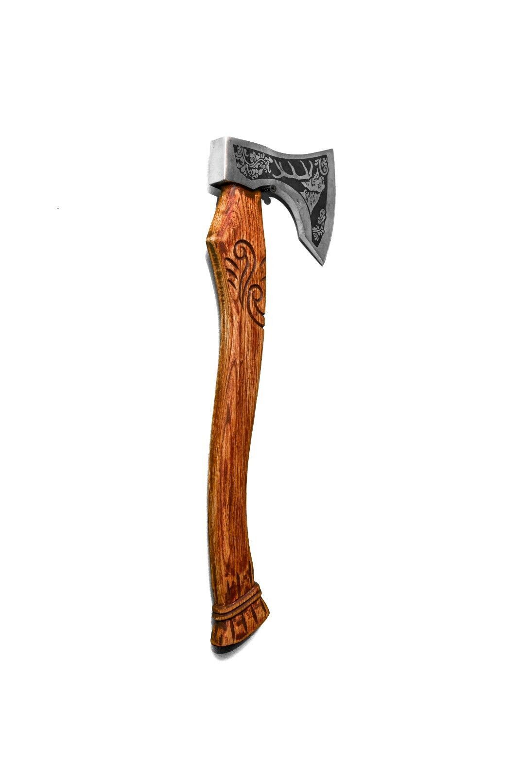 Hand Forged Etched Carbon Steel Viking Outdoor Axe with Stunning Ashwood Handle and Leather Sheath