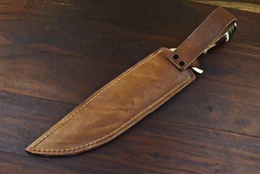 13.5" Custom Damascus Steel Bowie Knife | Stag Antler Handle