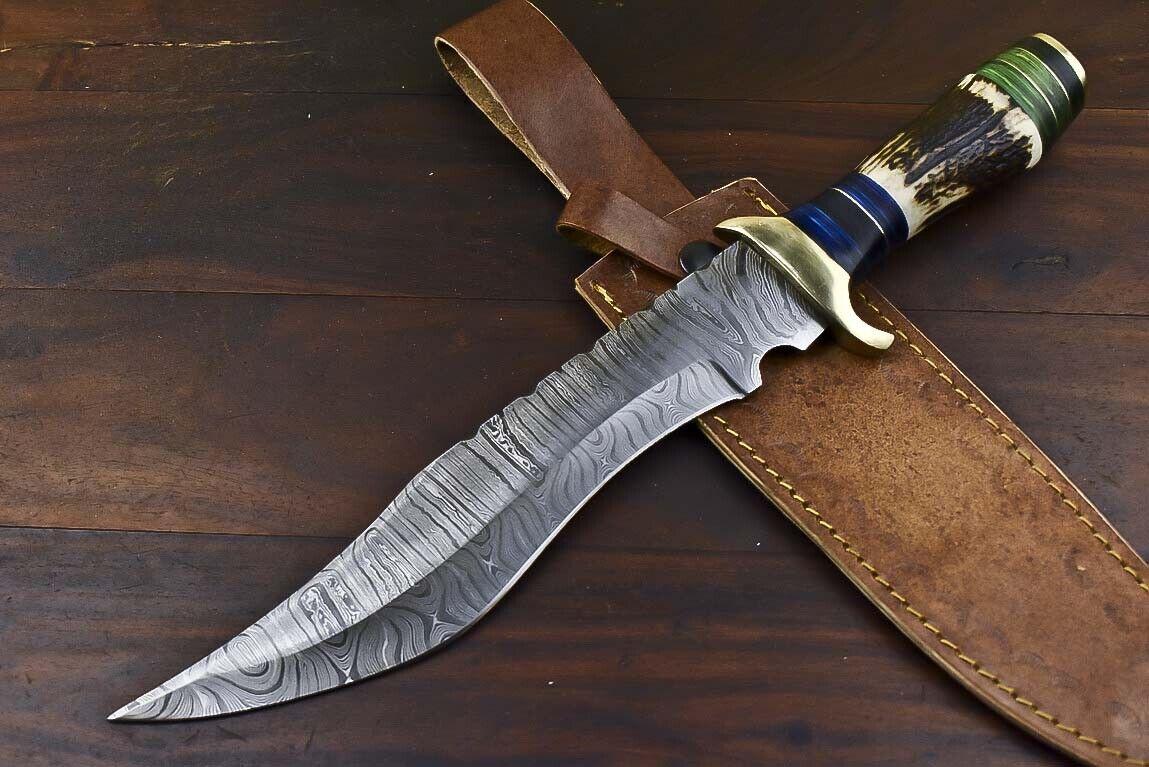 13.5" Custom Damascus Steel Bowie Knife | Stag Antler Handle