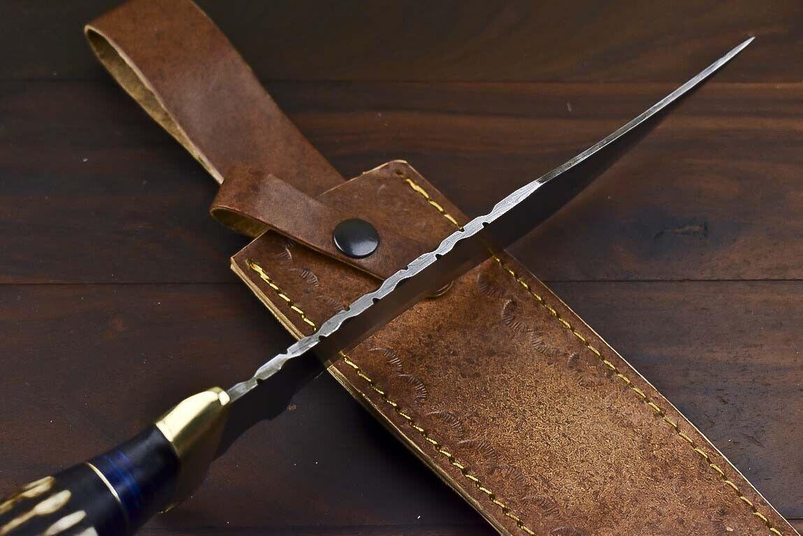 13.5" Custom Damascus Steel Bowie Knife | Stag Antler Handle