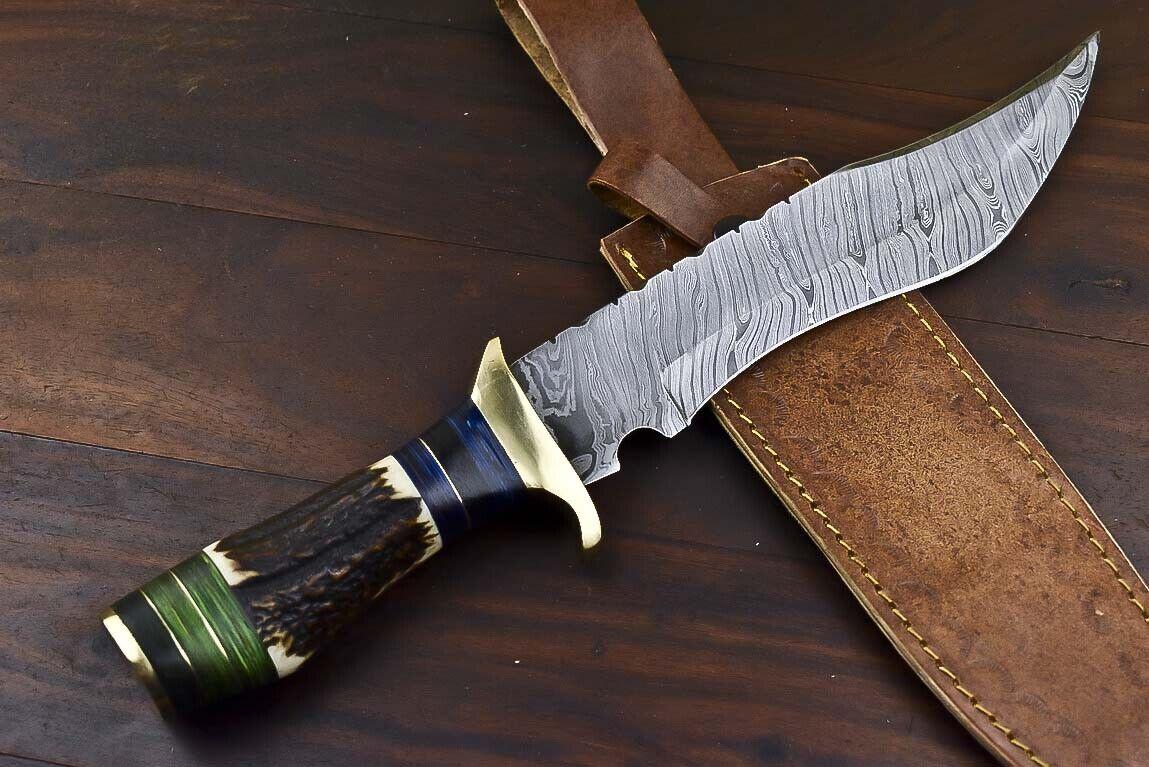 13.5" Custom Damascus Steel Bowie Knife | Stag Antler Handle