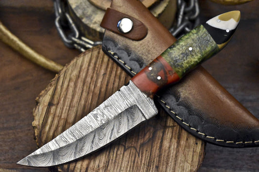 Custom Twist Damascus Skinner Knife with Corain Handle for Tactical Hunting