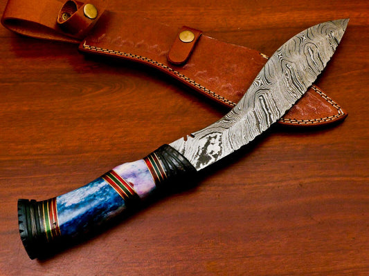 Handmade Damascus Steel Khukri Bowie Knife | Bone & Wood Handle