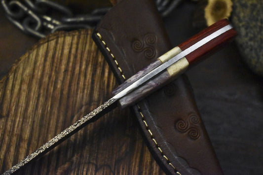 Custom Twist Damascus Skinner Knife Bone and Wood Handle Sports Fixed Blade