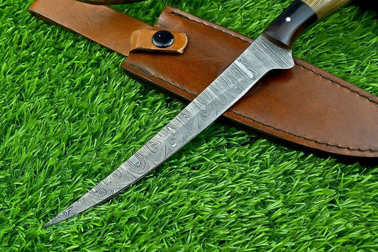 Hand Forged Damascus Steel Fillet Knife – 11.5" Blade, Resin & Hardwood Handle with Brass Pins, Kitchen & Camping Chef Knife