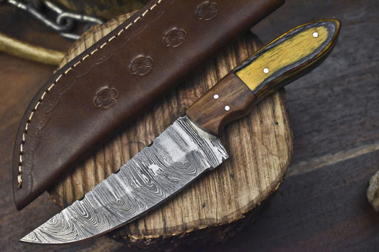 Forged Twist Damascus Skinner Knife with Hardwood Handle and Wooden Bolster – Custom Handmade Hunting Blade