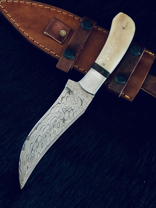 10" Handmade Rain Drop Damascus Steel Bowie Knife – Camel Bone & Wood Handle