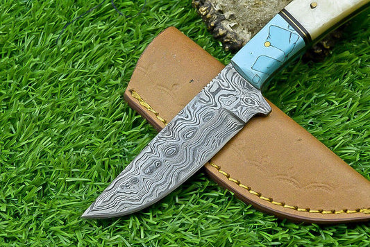 9 Inch Handmade Damascus Steel bowie Knife with bone Handle and Leather Sheath