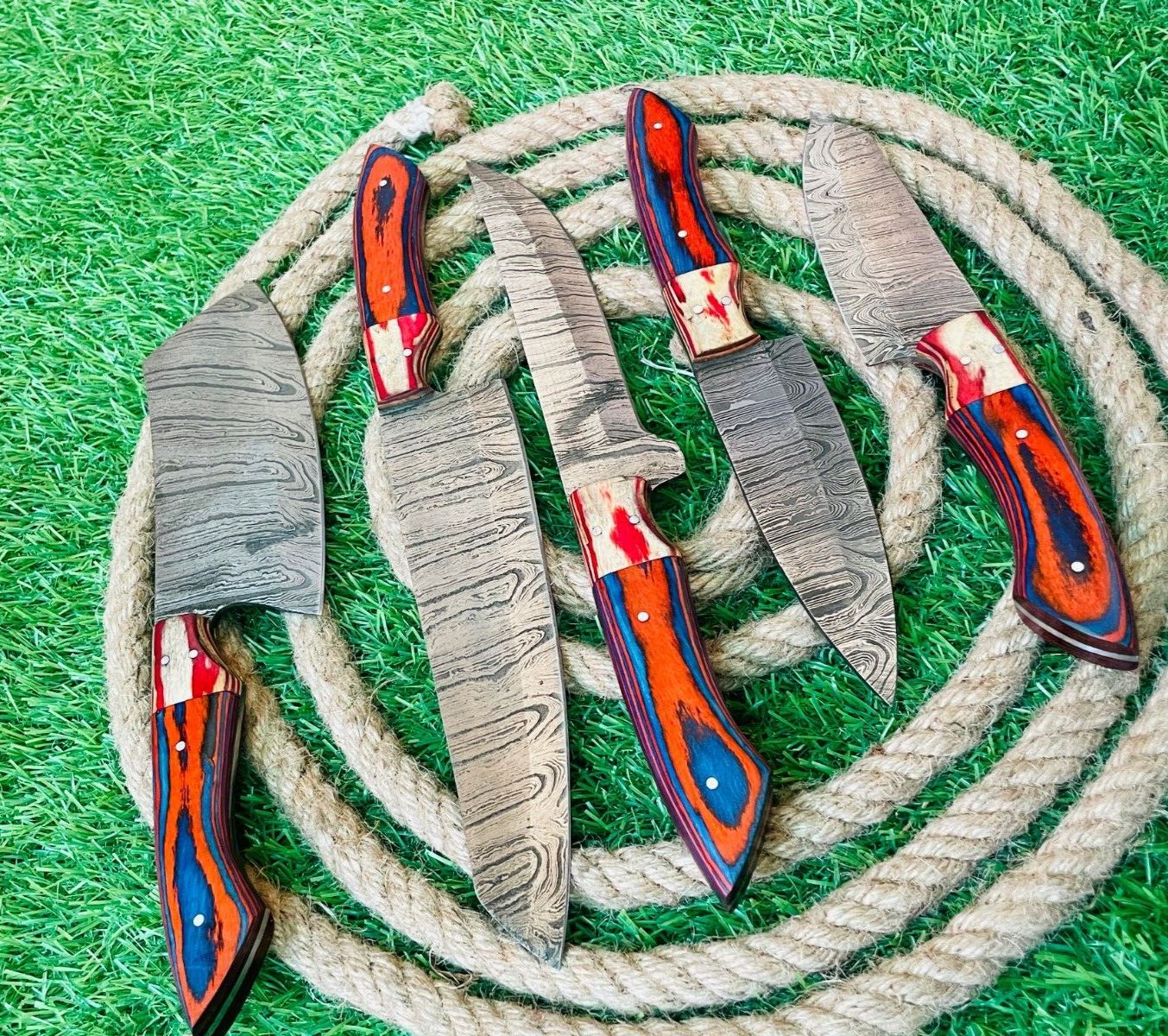 Custom Handmade 5-Piece Damascus Steel Chef Knife Set with Leather Bag