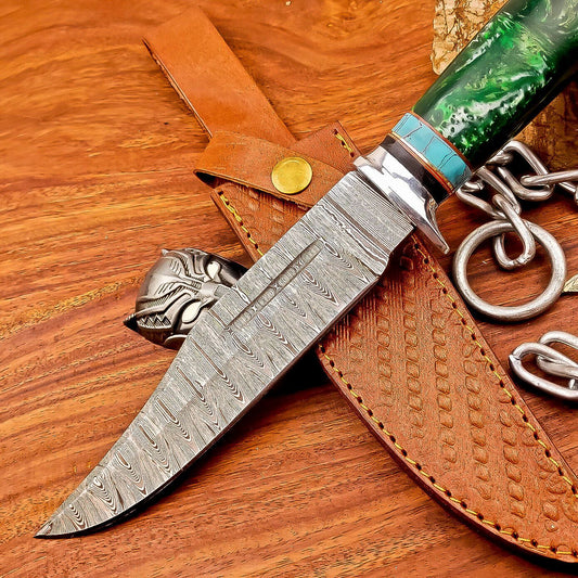 12 Inch Handmade Damascus Steel Bowie Knife with Resin Handle and Brass Bolster