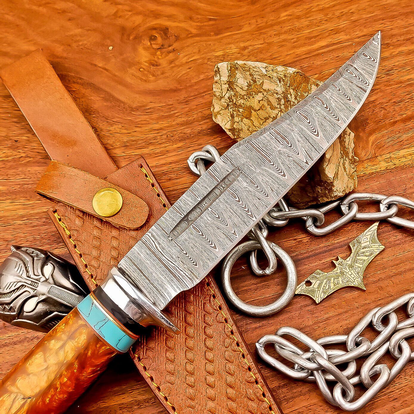 12 Inch Handmade Damascus Steel Bowie Knife with Resin Handle and Brass Bolster