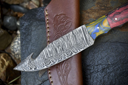 Forged Twist Damascus Skinner Knife with Gut Hook and Hard Wood Handle Tactical Hunting