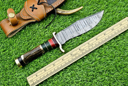 Heritage Forge 11 Inch Damascus Bowie Knife with Stag Antler and Hardwood Handle