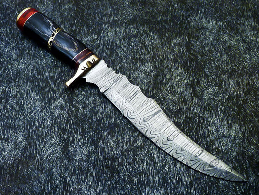 Authentic Hand Forged Damascus Bowie Hunting Knife | Hard Wood Handle | 14.5" Overall