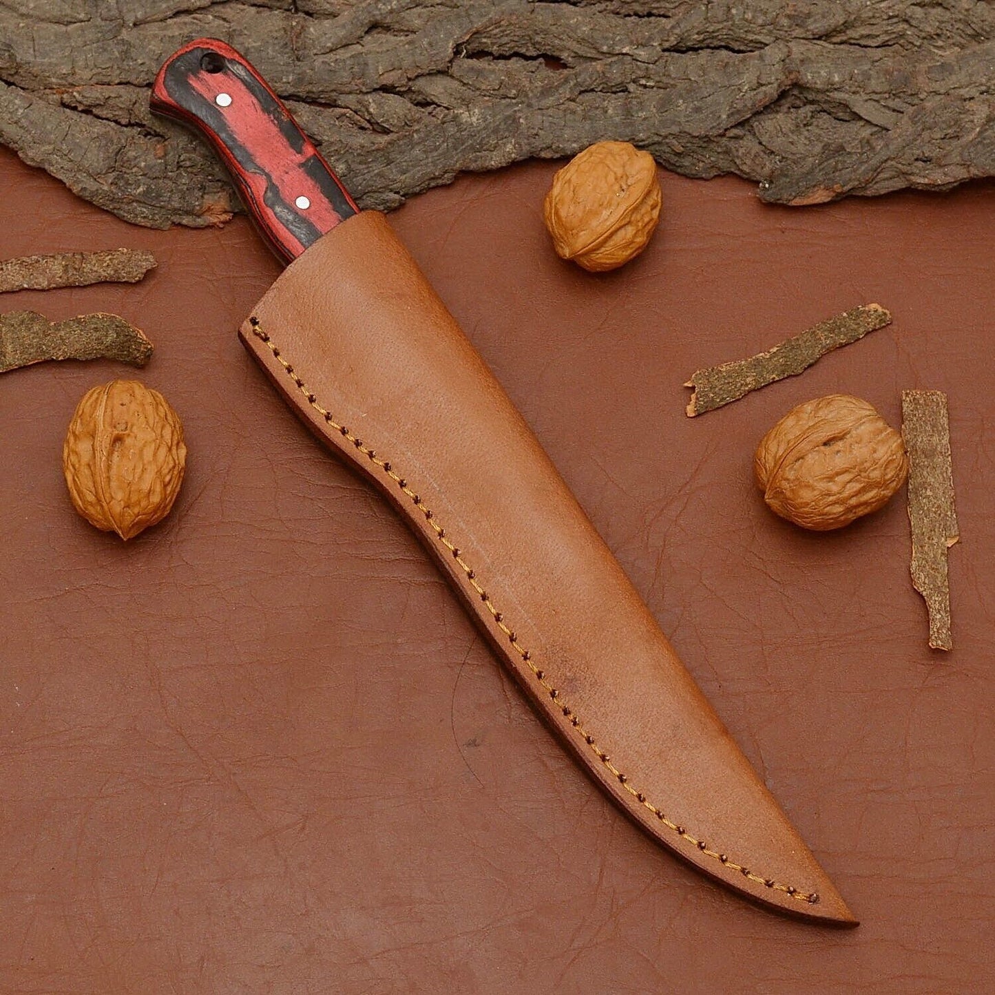 Handmade Damascus Steel Fillet Chef Knife | 12" Kitchen Knife with Wood Handle & Leather Sheath