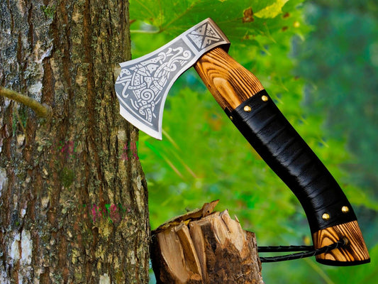 Custom Handmade Carbon Steel Viking Axe Tomahawk Throwing Hatchet with Ash Wood Handle and Leather Sheath