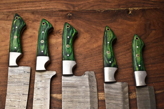 Custom Lot of 5 Handmade Hammered Damascus Steel Blade Chef Set Knife – Premium Forged Kitchen Knives