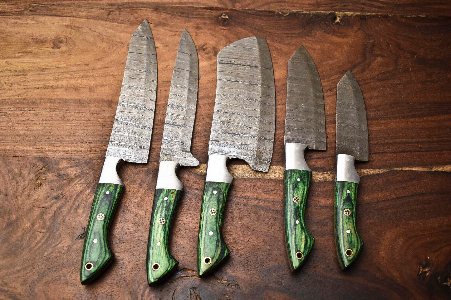 Custom Lot of 5 Handmade Hammered Damascus Steel Blade Chef Set Knife – Premium Forged Kitchen Knives