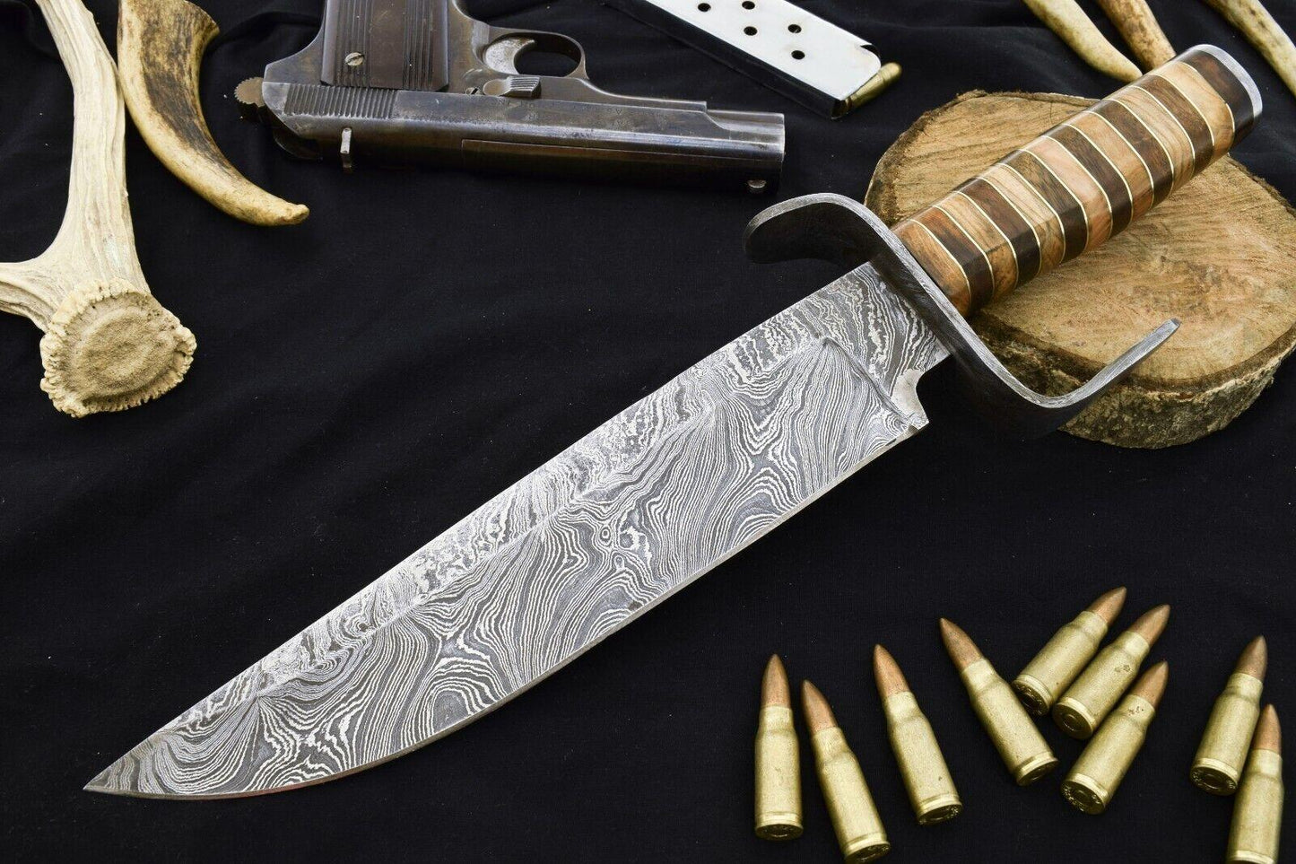 15" Damascus Steel Bowie Knife with Wood Handle & Damascus Guard