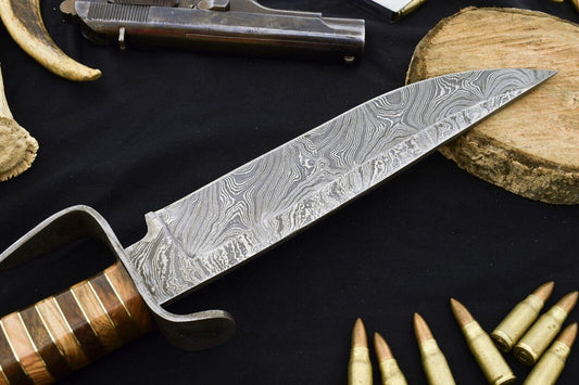 15" Damascus Steel Bowie Knife with Wood Handle & Damascus Guard